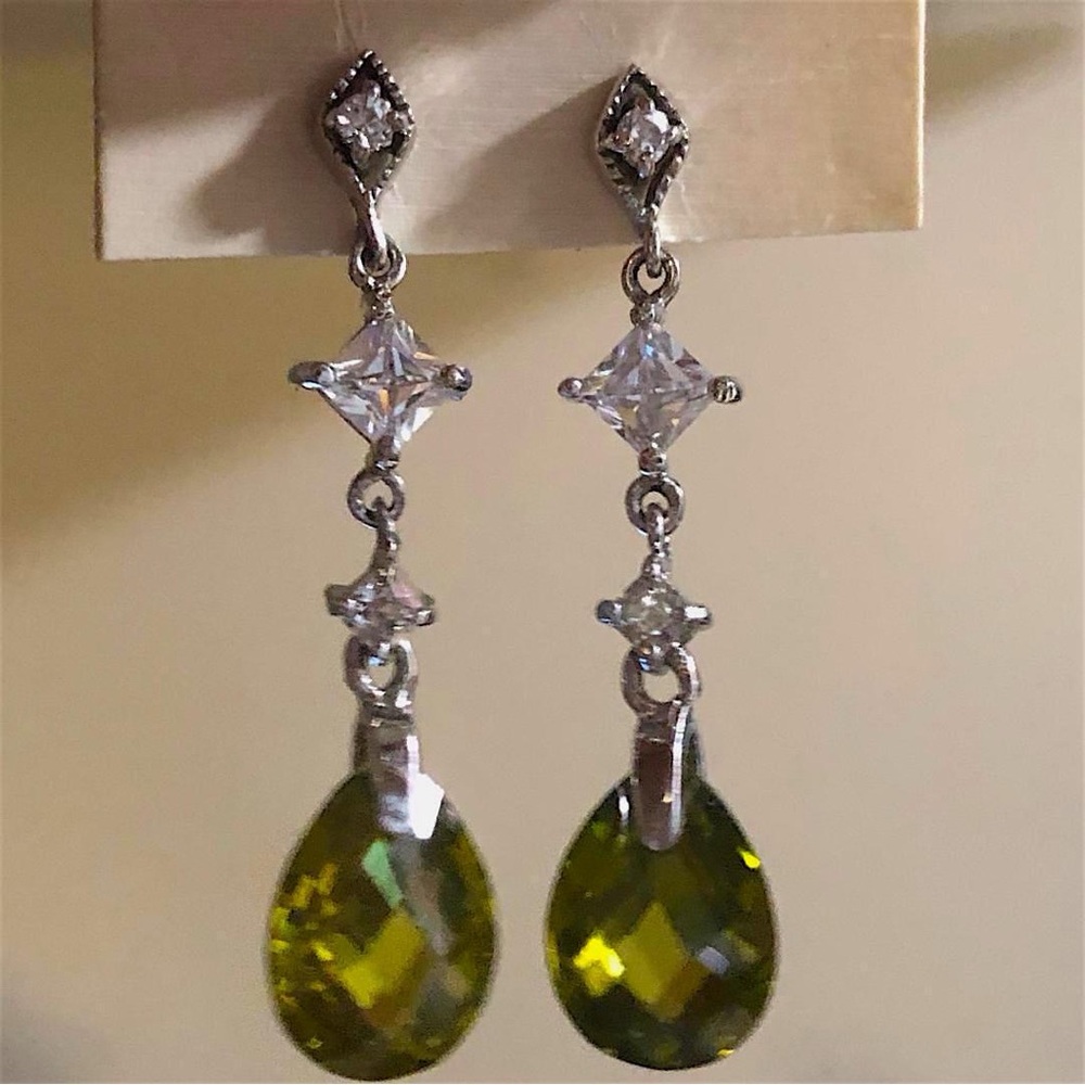 Peridot and Zirconia Drop Earrings in Argentium Sterling Silver